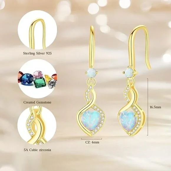 Heart Infinity Dangle Drop Silver Gemstone Earrings Yellow Gold Oct.-Opal